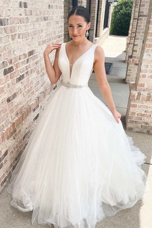 Luolandi V-Neck A-Line Long Wedding Dress with Sashes Floor Length Sexy